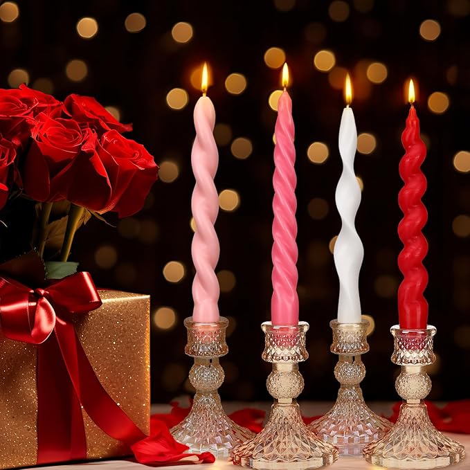 Nuanchu 4 Pcs Twisted Taper Candles Wax Unscented Smokeless Spiral Swirl Candlesticks for Wedding Holiday Dinner Party Home Decorations(7.87 Inch,Pure,Valentines Color)