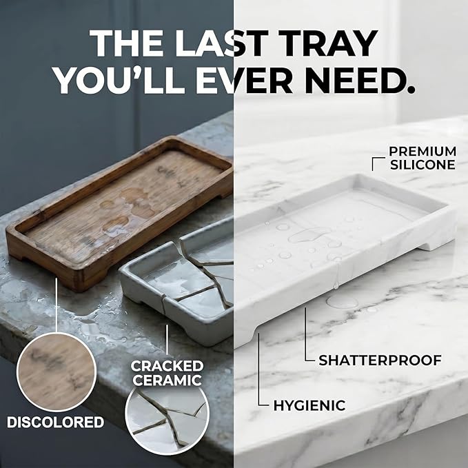 Countertop Vanity Tray - Silicone Bathroom Sink Organizer & Kitchen Soap Tray, Footed Anti-Slip Design, Waterproof Caddy for Perfume, Jewelry, Makeup, Bottle, Oil, Sponge Holder, White Marble 10"x4.2"