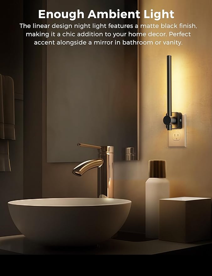 L LOHAS LED Night Light, Night Lights Plug into Wall, 0-200LM Bathroom Nightlight, Dusk to Dawn Sensor 2W Dimmable Nightlights, Soft White 3000K, Modern Black Night Light for Mirror Restroom, 1 Pack