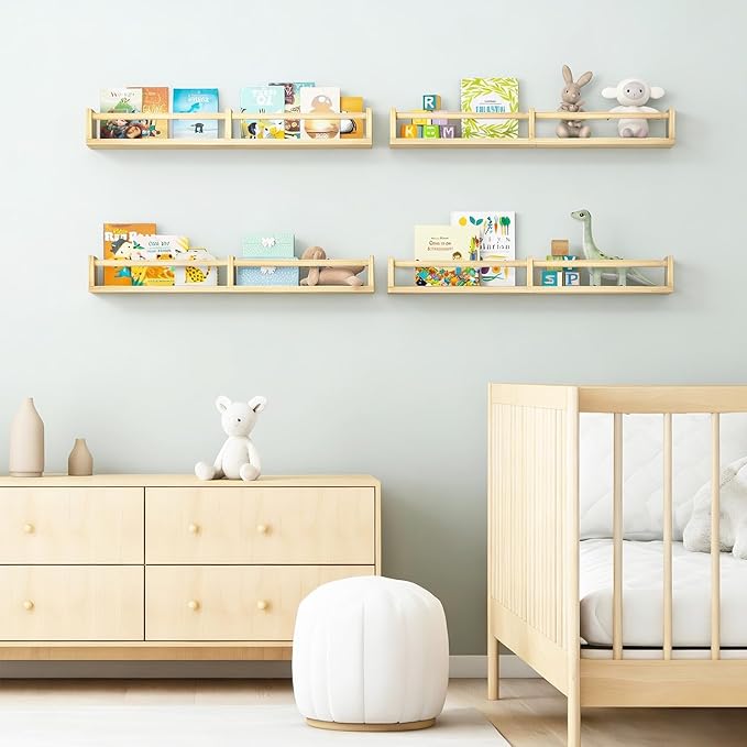 Fixwal Nursery Book Shelves, 32 Inch Floating Bookshelves for Wall Set of 4, Baby Nursery & Playroom Decor, Solid Wood Wall Mounted Shelves for Books and Toys Storage (Natural Wood)