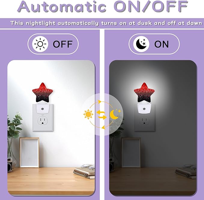 Red Black Night Lights Plug Into Wall,Glitter Sparkling Dusk to Dawn Light Sensor Night Light for Kids,Energy Efficient Sleep Friendly Lamp for Bedroom Bathroom Nursery