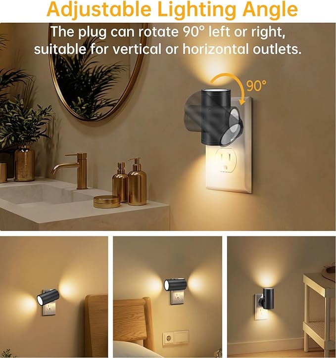 TSEXES LED Night Lights Plug into Wall, Dusk to Dawn Sensor,5-300LM Adjustable Brightness, Soft White 3000K,Dimmable Night Lights for Kitchen,Hallway Bedroom,Stairs, 2 Pack