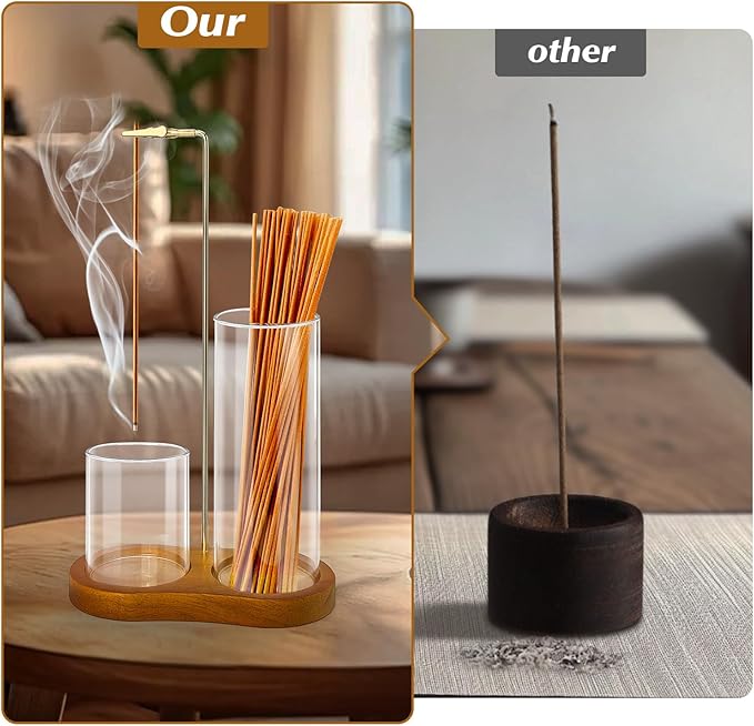 2 in 1 Incense Holder for Sticks, Hang Upside Dowd Incense Burner with Glass Ash Catcher, Anti-Ash Flying and Incense Sticks Storage, for Meditation Yoga Spa Home Decor Office (Wood, Dark Brown)