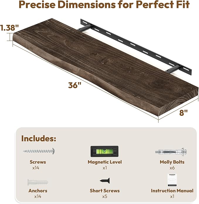 Vivelove Live Edge Floating Shelves 36 inch Long, Elm Wood Wall Display Shelf with Invisible Bracket for Living Room Bedroom Bathroom Office, Rustic Farmhouse, Solid Wood Set of 2 - Dark Walnut