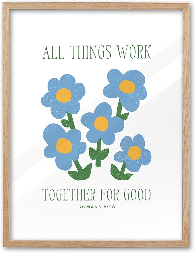 EcoHest Large 16x20in OAK Wood Framed Wall Art, Romans 8:28 All Things Work Bible Verse Christian Canvas Wall Decor, Blue Modern God Wall Prints for Bedroom Living Bathroom Religious Gift 1 Pack