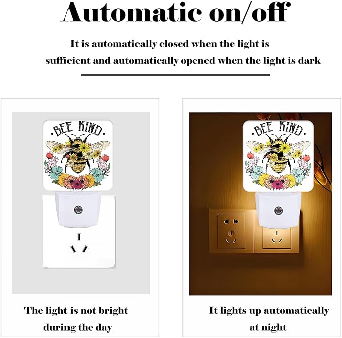 Bees and Flowers Night Light,Plug Into Wall for Boys Girls Bedroom Decorative Square Night Light Lamp 0.5w Sleep Friendly