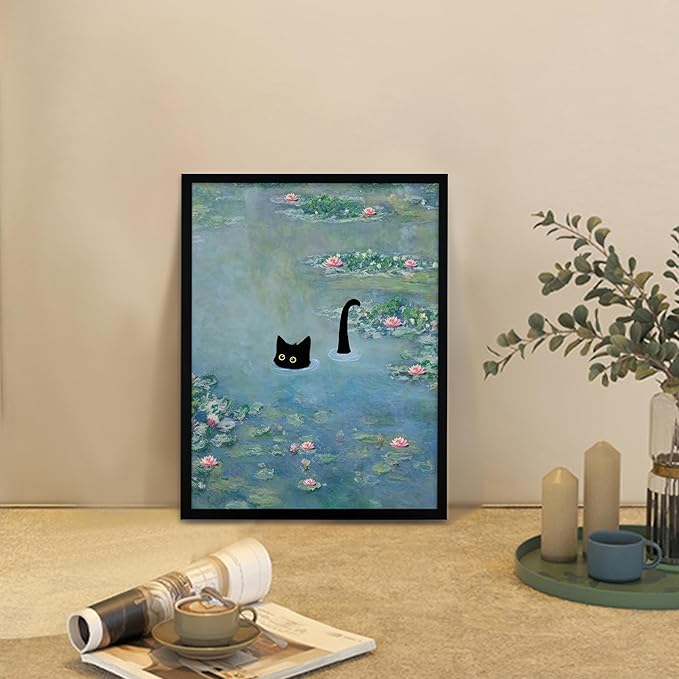 Fantasy Artists Monet Water Lilies Cat Wall Art, Framed Vintage Canvas Art Wall Decor, Funny Black Cat Posters Prints for Bathroom Bedroom Living Room Home Office Decorations 12" Wide X 16" Height