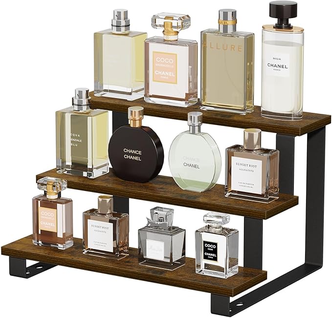 YINMIT Wooden Display Riser Stand,15.75 Inch Tiered Perfume and Cologne Organizer Stand, 3 Tier Spice Rack Organizer, Rustic Display Shelf for Cupcake, Figures, Candles (3 Tier Brown,15.75 In)