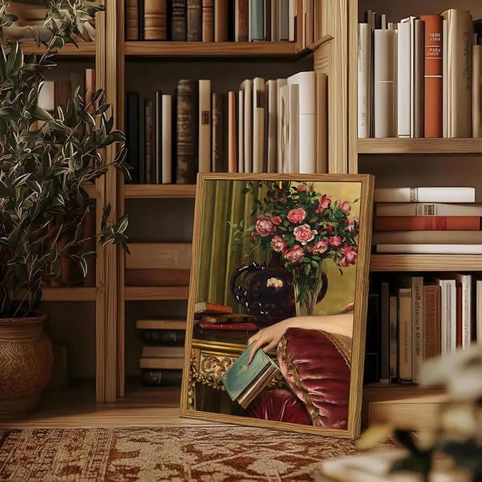 Framed Vintage Wall Art, Moody Victorian Wall Decor Paintings, Mid Century Modern Antique Book Woman Still Life Canvas Prints Pictures Home Decor Aesthetic for Living Room Bedroom Bathroom 12x16 inch