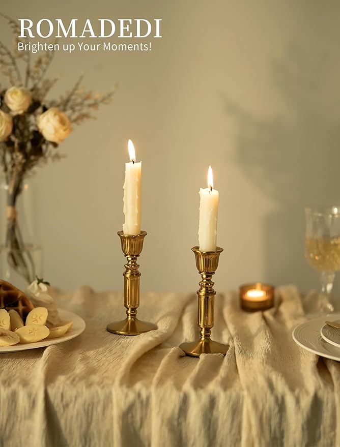 Gold Candle Holders Vintage Decor - Romadedi Solid Brass Candlestick Taper Holder for Wedding Christmas Table Centerpiece Mantel Home Decoration 5.5 Inch Set of 6