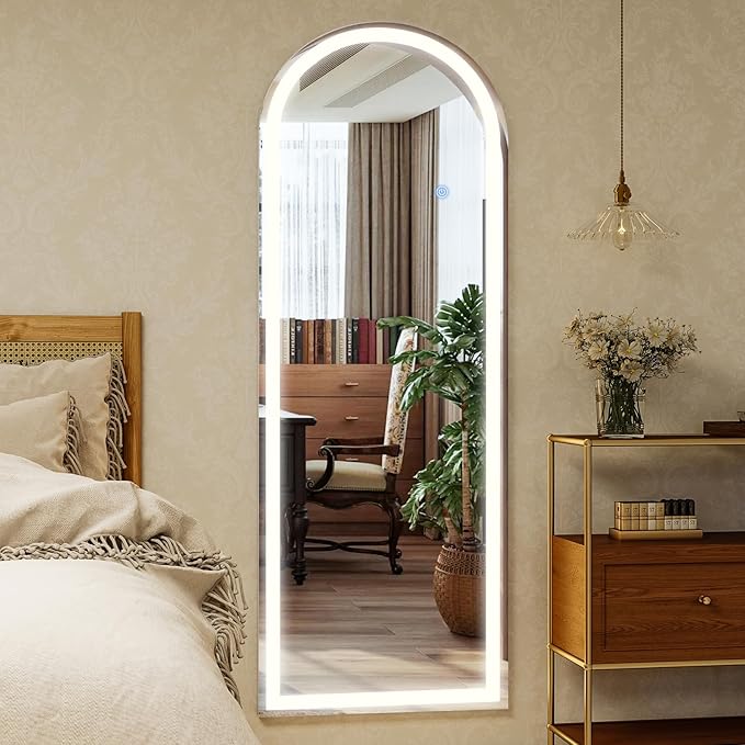 GLSLAND 20"x56" Arched LED Full Length Mirror with Lights – Wall Mounted or Standing Full Body Mirror for Bedroom/Cloakroom – Dimmable with 3 Color Lighting Modes