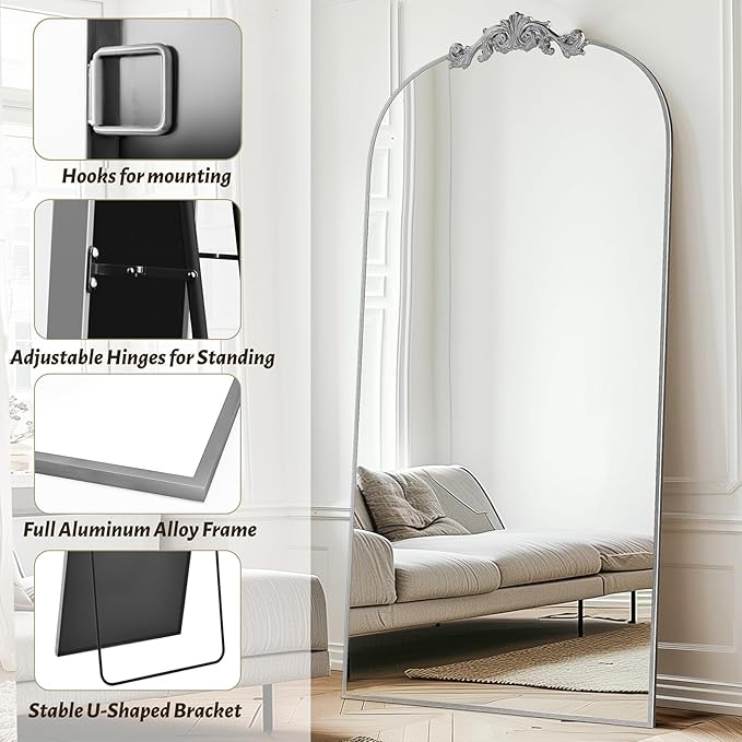 Vintage Full Length Mirror,78"x38" Arched Antique Floor Mirror with Carved Metal Frame,Large Standing Wall Mounted or Leaning Mirror for Bedroom Living Room Entryway,Sliver