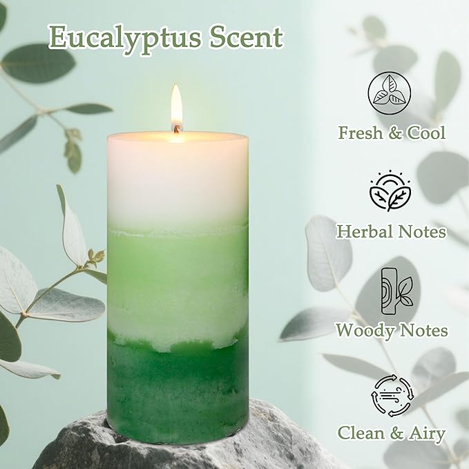 Pillar Candles 3x6 Inch Eucalyptus Scented Hand-Poured 3-Layers Green Gradient Decorative Candle Long Burning Candle for Home Scented Relaxation Spa Holiday Dinner Table, Set of 3