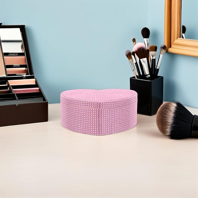 Heart-shaped Jewelry Box for Double Layer Rhinestone Jewelry Organizer with Mirror Pink Makeup Storage Case for Earrings Necklaces Bracelets