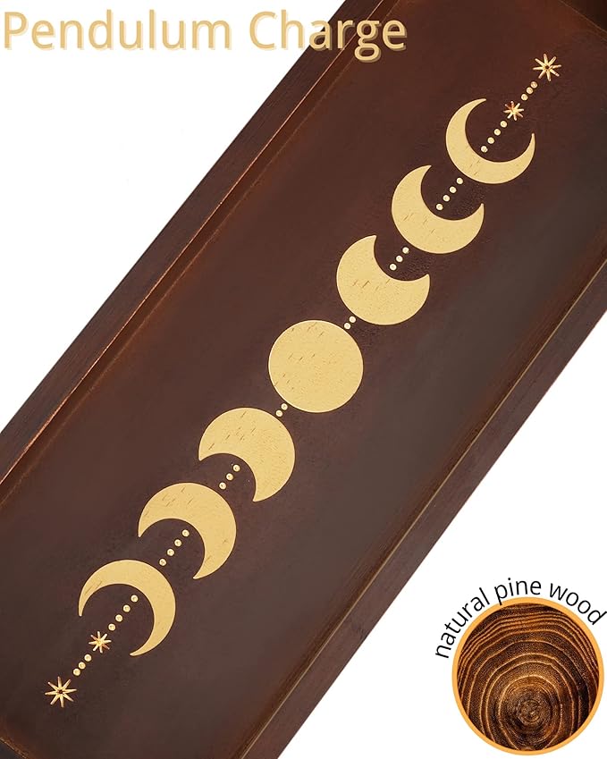 Moon Phase Pendulum Display Stand with Tray, Wood Wiccan Crystal Holder for Up 15 Pendulum, Witchcraft Supplies Witch Organizer for Incense Charging Necklace Healing Stone Gift Rack