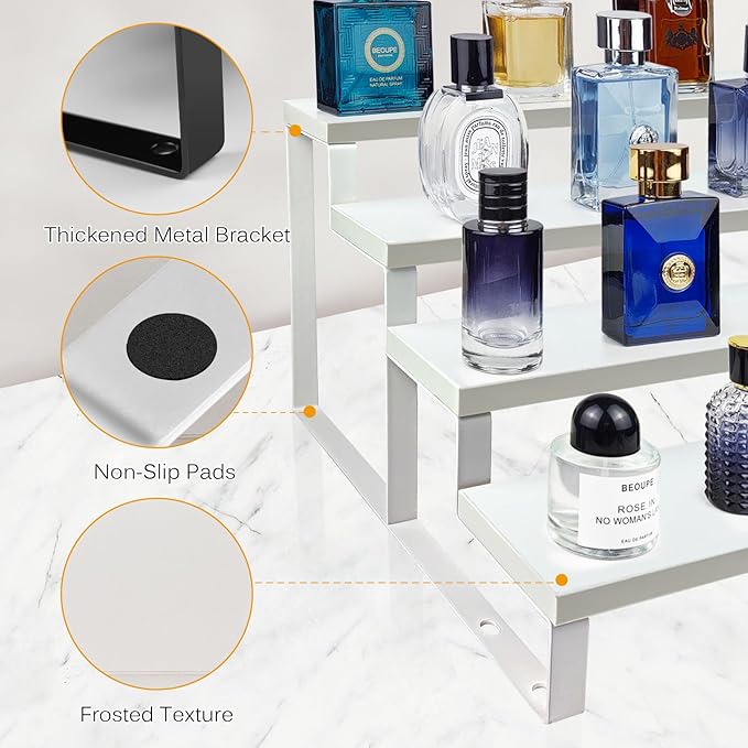 White Wood Cologne Organizer for Men Women,4 Tier Perfume Stand for Dresser Waterproof Cologne Stand with Anti-Slip pads for Party,Makeup,Figures,Cupcake,Perfume,Display Risers Stand Organizer