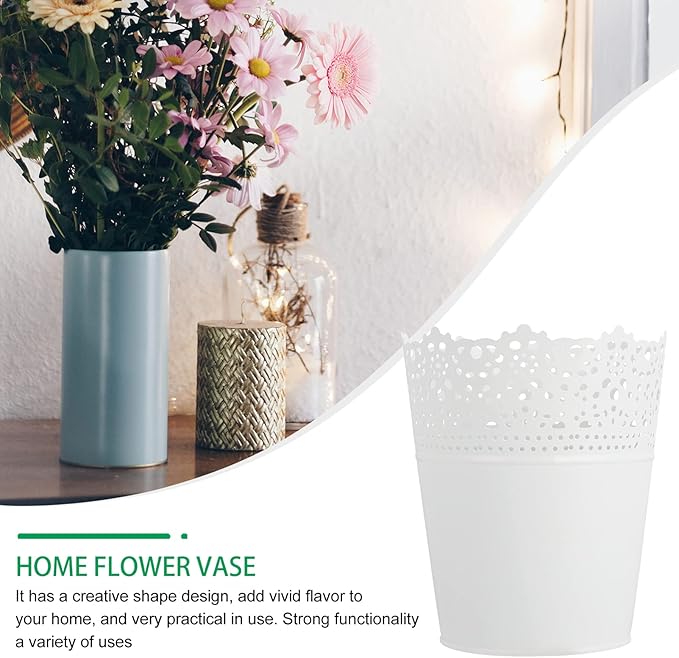 2pcs Rustic Metal Flower Vase Lace Hollow Iron Flower Pot French Country Style Flower Bucket Tin Pot Cosmetics Storage Boxes Table Decor