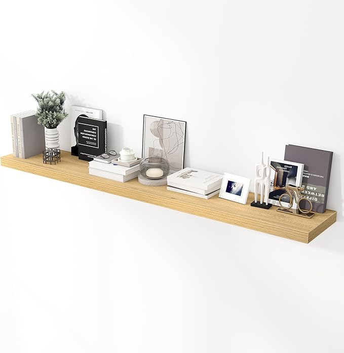 Acovy 72 inch Floating Shelves for Wall, 12 Inch Deep Floating Shelf, Hanging Shelf with Invisible Brackets, Rustic Wooden Wall Shelves for Bathroom, Bedroom, Living Room,Farmhouse Set of 1,Natural