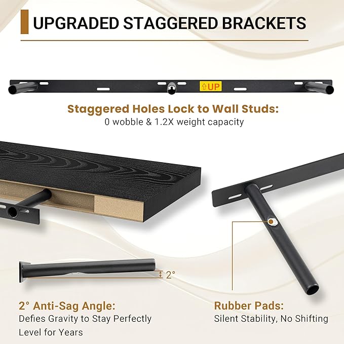 Vivelove Black Floating Shelves 55 Inches Wide, 12" Deep Wall Shelves for Bedroom, Bathroom, Living Room, Kitchen, Office, Rustic Home Decor Shelf with Invisible Brackets, 55" X 12" X 1.5", Set of 2