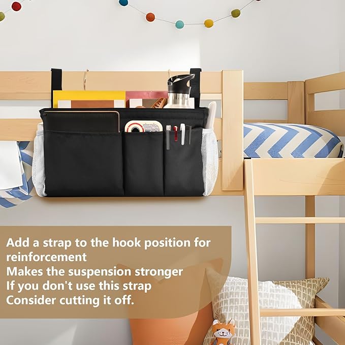 Black Bedside Caddy Storage Bag Bedside Organizer for Bed Rails College Dorm Room Organizer Caddy Hanging Shelf 6 Pockets with Hooks for Drinks Magazine Phone Holder