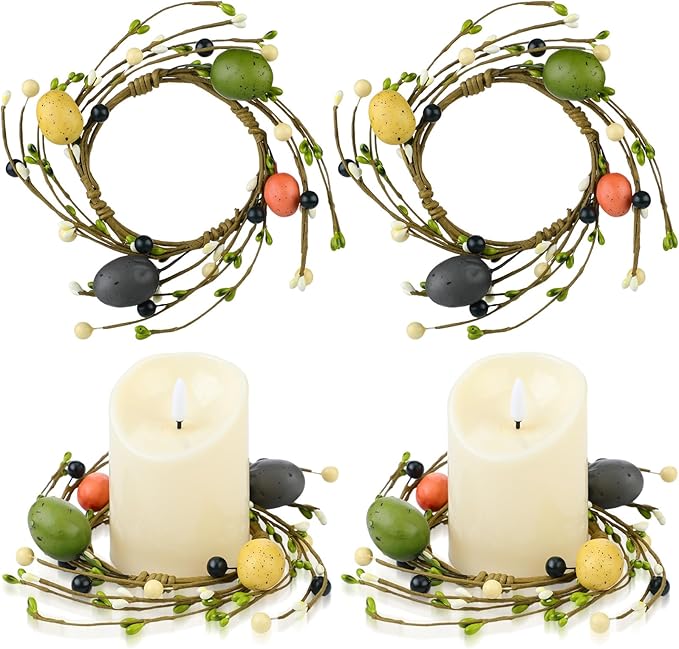 Daifunli 2 Pcs Easter Egg Candle Rings Primitive Farmhouse Vintage Eggs Pip Berry Wreaths for Pillar 3.9 Inch Candles Holder for Spring Easter Rustic Table Centerpiece Decor