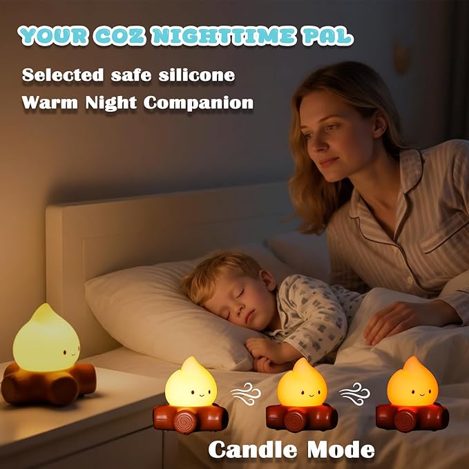 Campfire Night Light, 5 White Noise Mode, Cute Bonfire Gifts, Silicone Night Light with Candle Mode, Rechargeable Bedroom Decor, Gift for Children, Teens, Adults, Halloween, Christmas & Birthdays