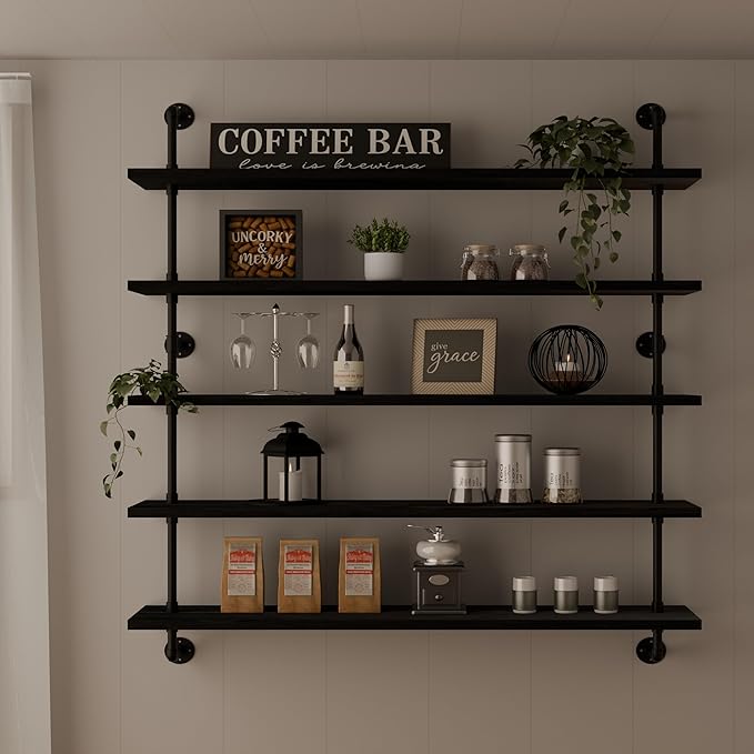 HDDFER Floating Shelves for Wall Bookshelf Industrial Pipe Shelving Shelves 48 Inch 5 Tier Natural Wood Planks Rustic Wall Shelves Hanging Bookshelves Farmhouse Kitchen Shelving Black