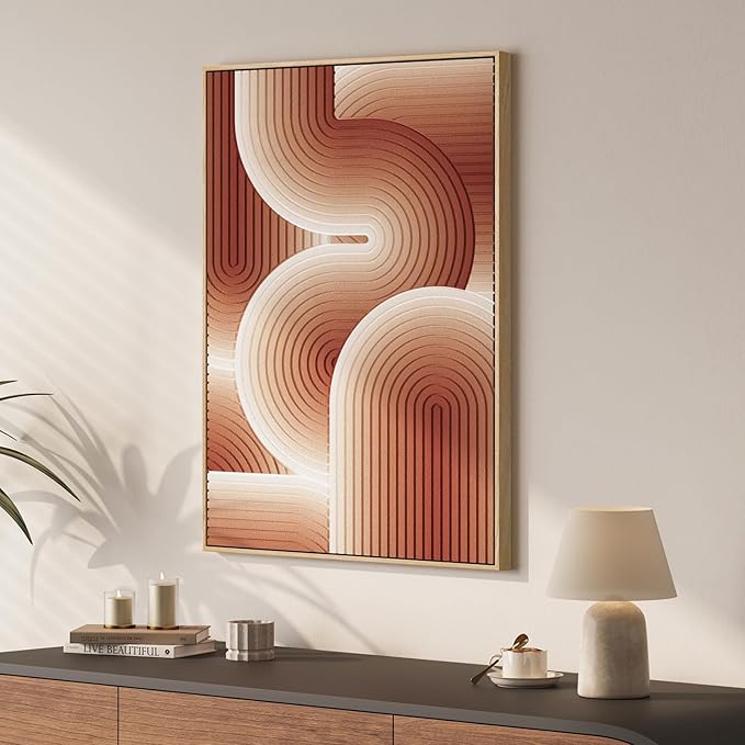 3D Textured Framed Boho Neutral Wall Art, Modern Terracotta Carved Geometric Paintings Artwork for Walls, Minimalist Wavy Line Pictures for Living Room Bedroom Dining Room Hallway Wall Decor 24x36 In