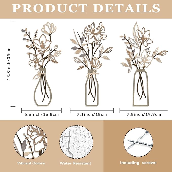 ARTINME 3 Pieces Metal Flowers Wall Arts - Rustic Farmhouse Decor Minimalist Flower Wall Decors for Living room Bathroom Kitchen Bedroom Dining Room - Housewarming Gifts (Brown)