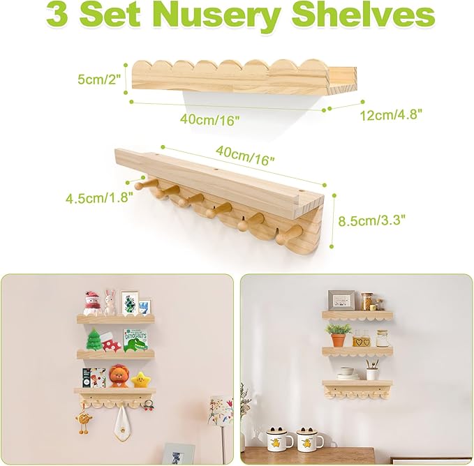 Floating Nursery Book Shelves for Wall, 16'' Wood Book Shelf for Baby Boys Girls Bedroom Bathroom and Décor Storage, Wall Shelf for Books, Plants, Toys, Photo Frames (Wooden, 3 Pack)