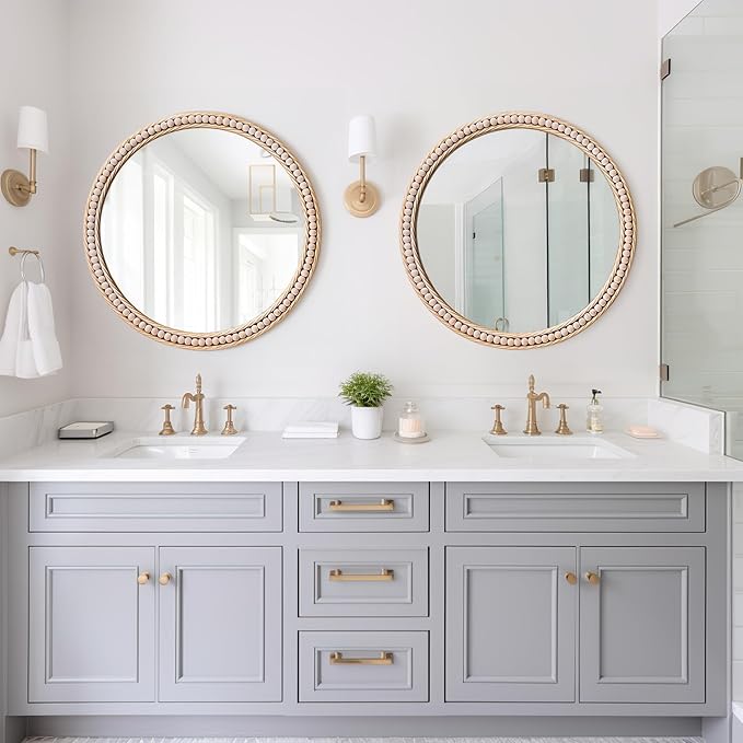 Antique Gold Round Wall Mirror 20", Ornate Beaded Metal Frame Mirror for Bathroom, Vintage Farmhouse Circle Accent Mirror for Bedroom Living Room Entryway or Vanity with Distressed Whitewashed Finish