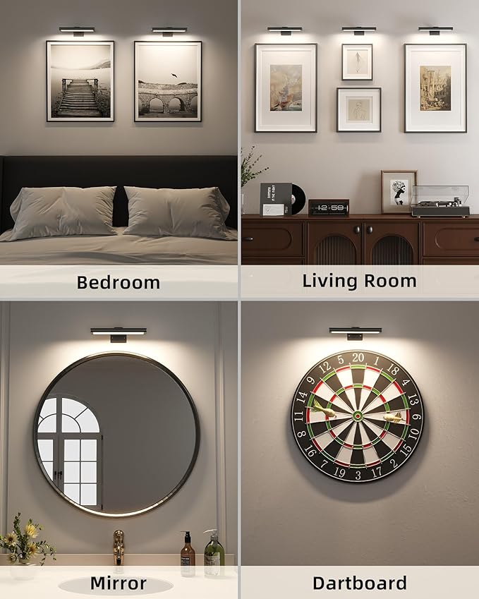 EZVALO Picture Light for Wall, Rechargeable 2400mAh Battery Lights Wireless with IR Remote, 3 Color & Dimmable Magnetic 7.87'' LED Lights Display for Painting, Living Room, Gallery, Bedroom(Black-2P)