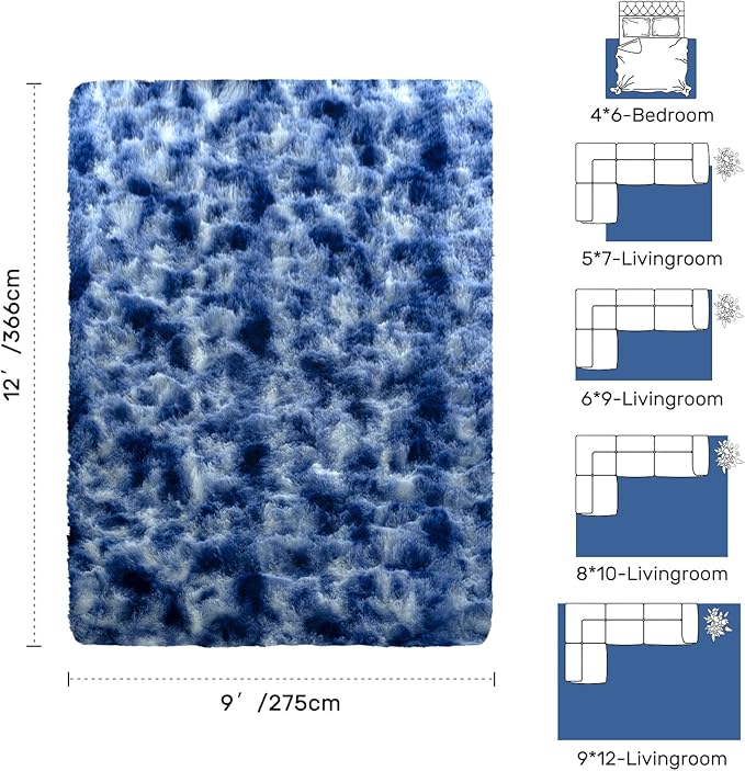 9x12 ft Fuzzy Rug for Living Room Soft Fluffy Blue White Bedroom Area Rugs Non-Slip Shaggy Carpet for Nursery Kids PlayRoom Dorm Office Indoor Modern Plush Carpets
