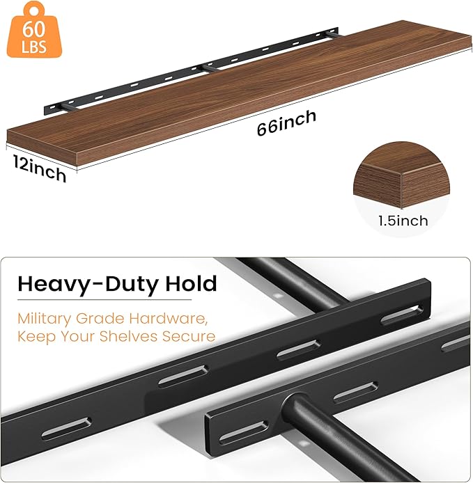 Fun Memories 66 Inch Floating Shelves, 12 Inch Deep Wall Shelf for Fireplace Mantel, Walnut Deep Storage Shelves for Home & Office, Long Floating Shelf with Invisible Bracket, Set of 1