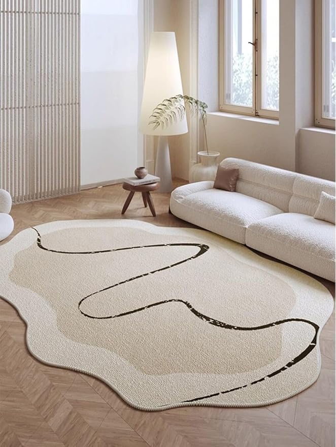 10x16 Irregular Rug Modern Minimalist Off White Brown Line Art Deco Abstract Shaped Rug for Meetingroom Bedroom Living Room Washable Thin Plush Carpet Non Skid Easy Clean Nursery Indoor Floorcovers