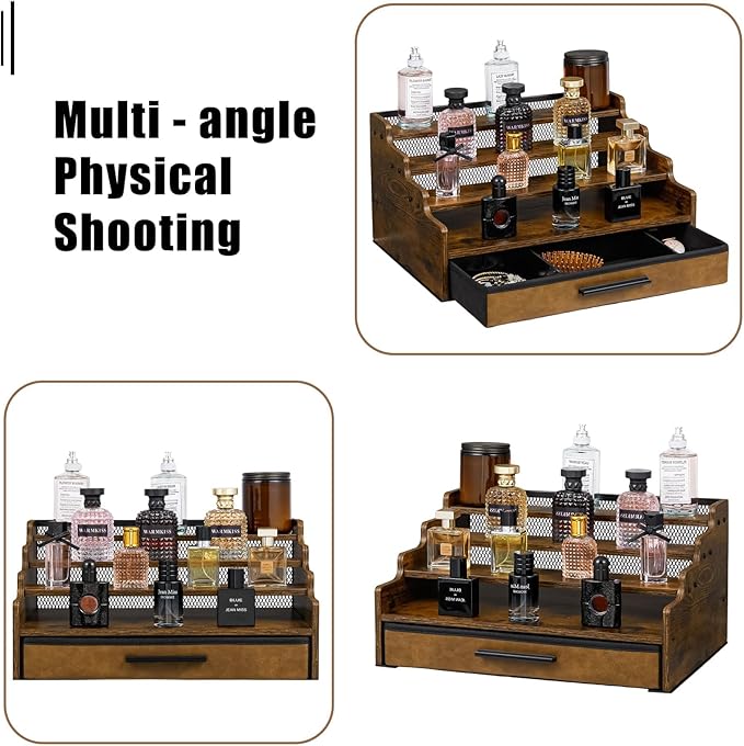 4 Tier Cologne Organizer for Men, Wooden Perfume Organizer with Drawer Storage, Perfume Display Shelf for Cologne, Watch, Grooming and Figures, Perfect Birthday/Easter Gift for Lovers & Fathers