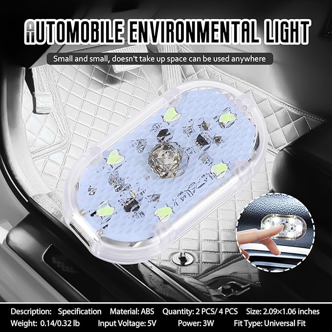 4 PCS Car LED Lights Interior Wireless, Super Bright Auto Interior Ambient Light with 6 Bright LED Lamp Beads, Portable USB Rechargeable Car Led Night Light for Vehicle Decor(White)