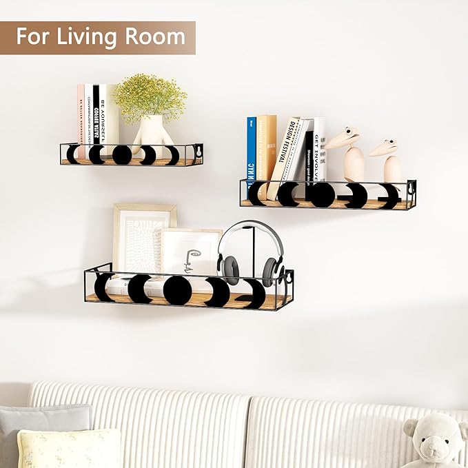 PHAREGE Black and Brown Floating Wall Shelves, Set of 3 Moon Phase Decorative Small Shelves for Bedroom Kid Room, Display Shelf for Crystal Collectibles Figurine