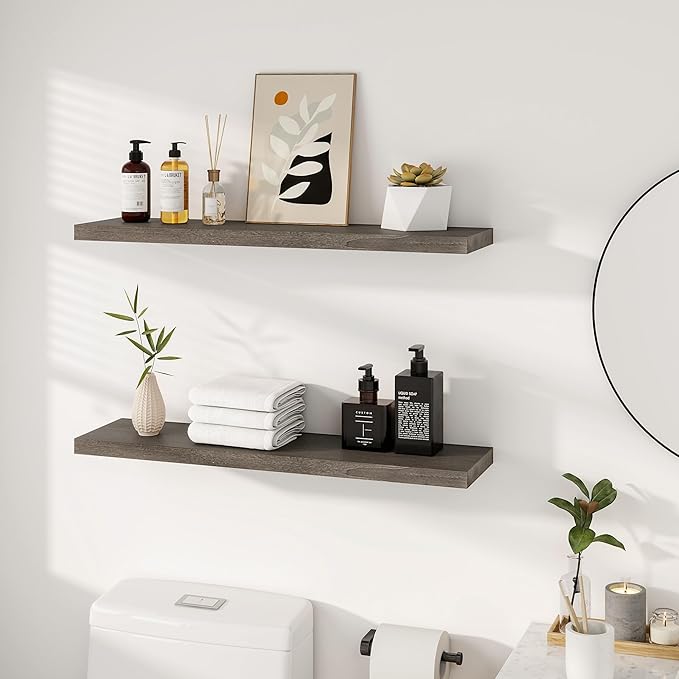 Vivelove Solid Wood Floating Shelves Set of 2, Elm Wood Wall Shelf with Invisible Bracket for Living Room Bedroom Bathroom Office, Rustic Farmhouse Display Shelf, 36 inch - Grey