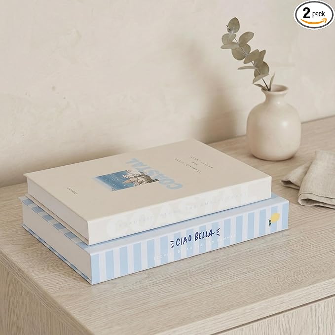 Beautiful Decorative Books - Set of 2 Boxes Enhance Your Coffee Table, Bookshelf or Mantel Shelf Decor - Aesthetic Fake/Faux Books for Modern Home Decoration, Photo Storage and as a Keepsake Box