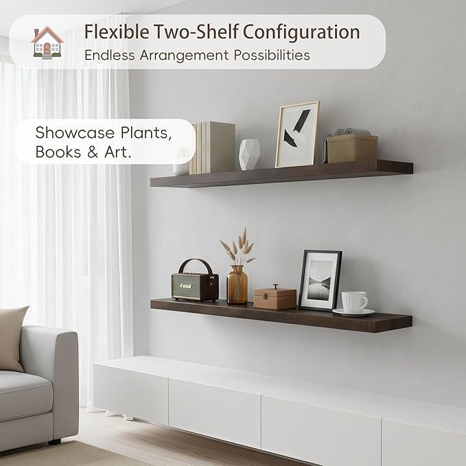 Lufia Floating Wall Shelves, Set of 2, MDF with Invisible Brackets, Modern Storage for Bedroom, Bathroom, Living Room, Kitchen (Rustic Brown, 32" W x 7" D x 1.5" H)
