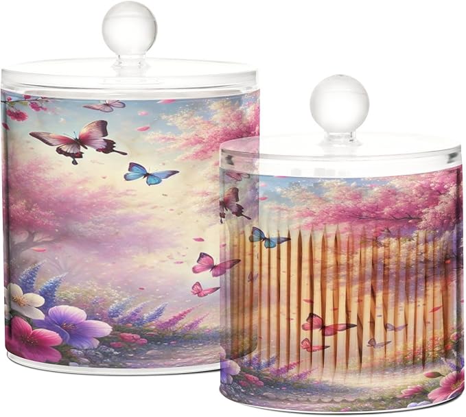 Purple Tree Butterflies Jars with Lids Bathroom Canisters Decorative Jars Laundry Container Floss Pick Holder for Home Decor Makeup Storage Countertop Organizer