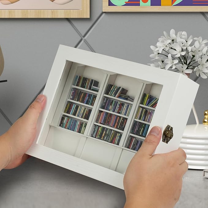 Anxiety Bookshelf - Shake Off Your Anxiety,Miniature Display Shelf,Contains 200 Miniature Book Models,Antique Style Gift Decoration Mini Bookshelf (White)