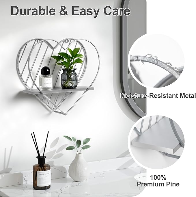 Afuly Wall Shelf Metal Grey Floating Shelves Heart Design Small Shelf Storage Rack Modern Romantic Farmhouse Style Cute Fancy Unique Nursery Room Bathroom Bedroom Wall Decor