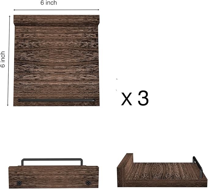 RYOFOBETTO Small Floating Shelf, 6X6 Inches Farmhouse Wall Shelves for Living Room, Bedroom, Picture Frames, Plants, Kitchen, Set of 3 (Brown)