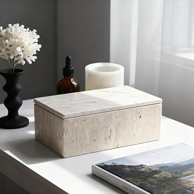 Natural Marble Storage Rectangle Containers Cotton Swab Holder, Organizers with Lids,Travertine Stone Box for Qtips, Makeup, Bathroom Essentials & Home Storage (rectangular box)