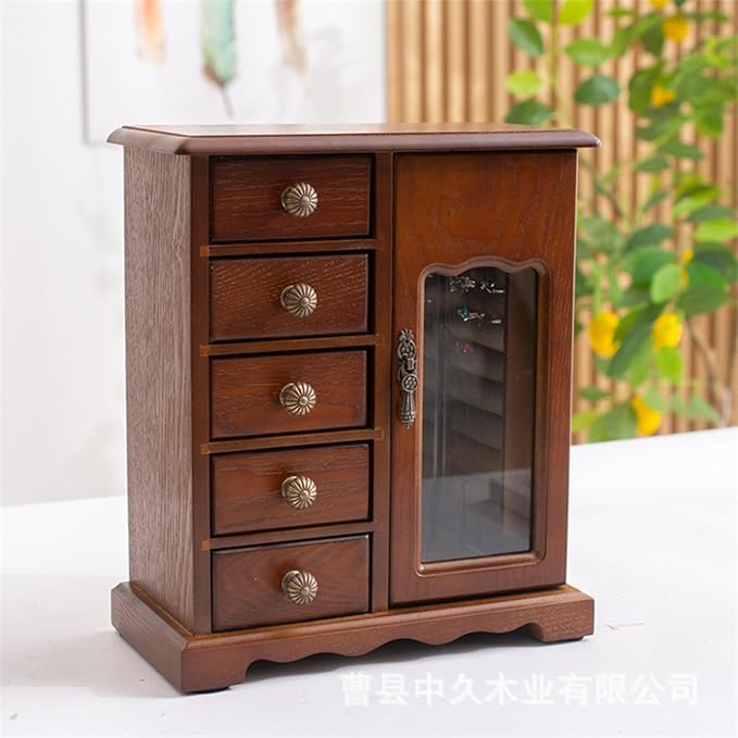 Wooden Jewelry Box, Jewelry Organizer With 5 Drawers Built-in Necklace Carousel and Mirror for Necklaces, Earring, Rings (Dark Wood Color)