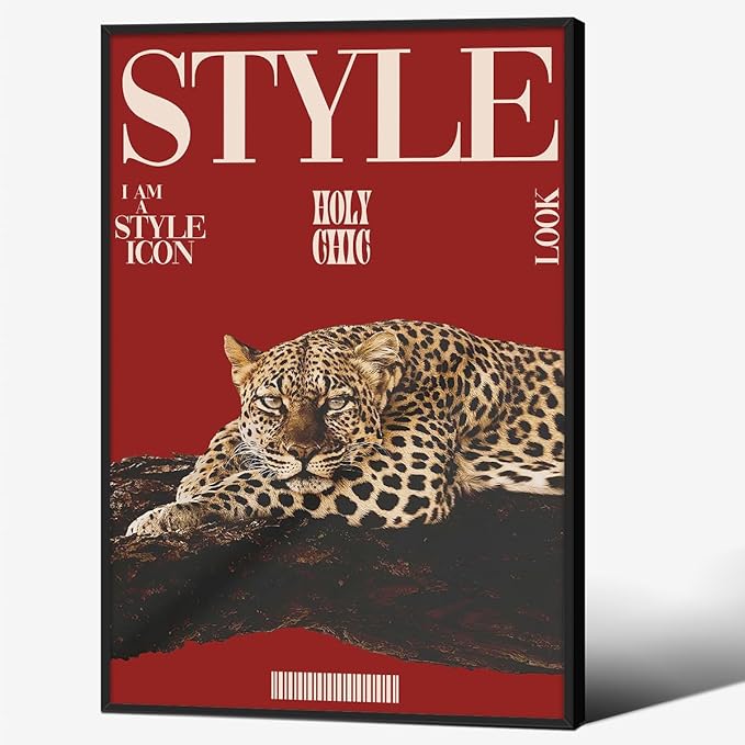 Red Cheetah Wall Art Vintage Trendy Cool Y2k Leopard Style Posters Funky Magazine Aesthetic Cover Canvas Prints 24X36 inch Black Framed for Living Room Bedroom Dorm Wall Decor