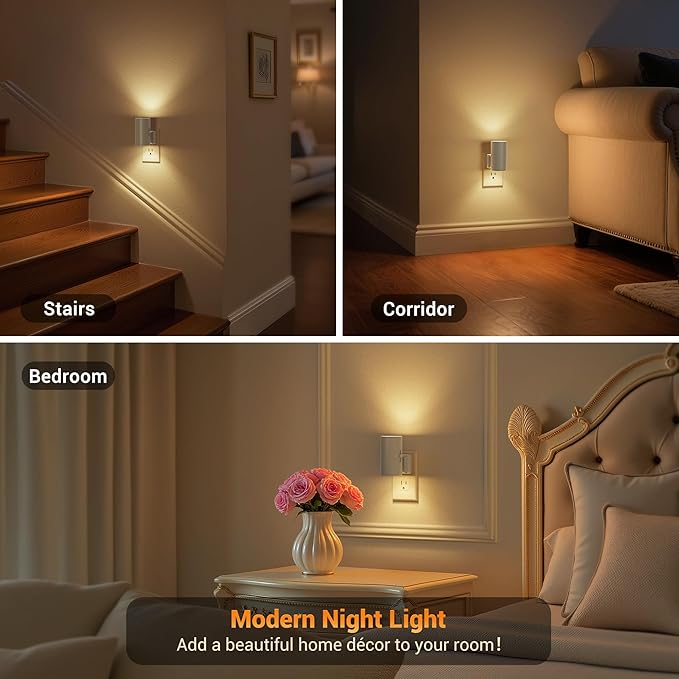 JandCase Night Lights Plug into Wall, Dimmable Gray Night Lights with Dusk to Dawn Light Sensor, Soft White 3000K, 0-100LM Adjustable Brightness Nightlight for Hallway Bathroom, 2 Pack