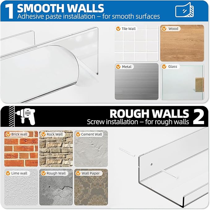Albumgit 4 Pack Acrylic Shelves for Wall Storage, Self-Adhesive 15" Clear Floating Shelf for Pop Figures, Picture, Perfume, Books, Wall Shelf Organizer for Bathroom, Living Room, Bedroom, Kitchen